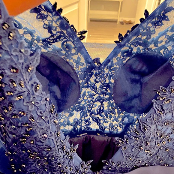 V Neckline Navy Blue Lace Evening Dress - Picture 7 of 7